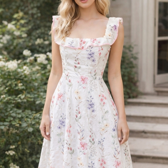 Petal & Pup Dresses & Skirts - Petal & Pup Cream Midi Dress with Pastel Floral Motif